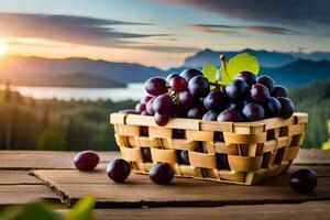 uvas en cesta en de madera mesa con puesta de sol en antecedentes. generado por ai foto