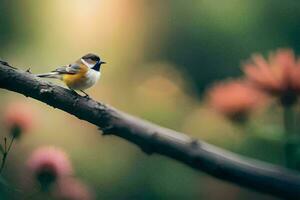 a small bird sits on a branch in front of flowers. AI-Generated photo