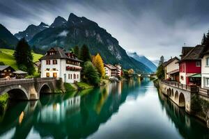 a river runs through a town in the mountains. AI-Generated photo