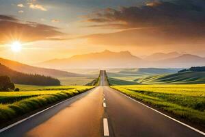 un largo la carretera en el medio de un verde campo. generado por ai foto