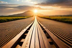 a long wooden track leading to the sun. AI-Generated photo