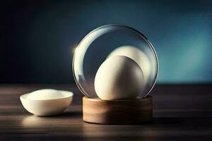 eggs in a glass bowl on a wooden table. AI-Generated photo