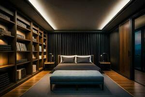 a bedroom with a bed and bookshelves. AI-Generated photo