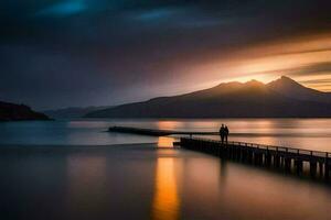 un hombre soportes en un muelle mirando fuera terminado el agua. generado por ai foto