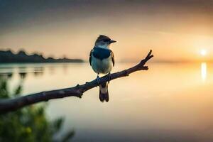 a bird sits on a branch in front of the sun. AI-Generated photo