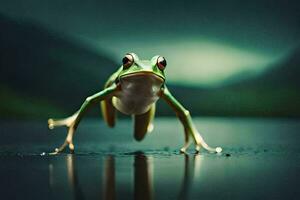 a frog is standing on a wet surface. AI-Generated photo