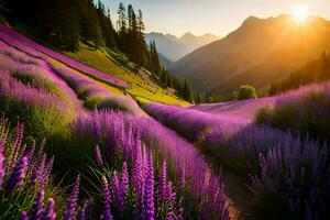 the sun rises over lavender fields in the mountains. AI-Generated photo