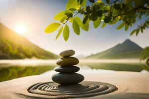 a stack of stones on the beach with a lake in the background. AI-Generated photo