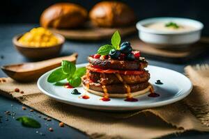 a stack of pancakes with blueberries and syrup. AI-Generated photo