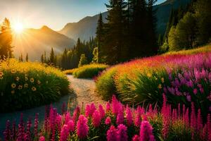the sun rises over a field of flowers and a path. AI-Generated photo