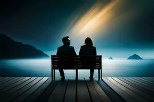 a couple sitting on a bench looking at the ocean. AI-Generated photo