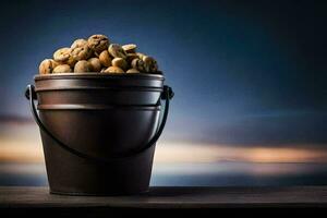 a bucket filled with nuts on a wooden table. AI-Generated photo
