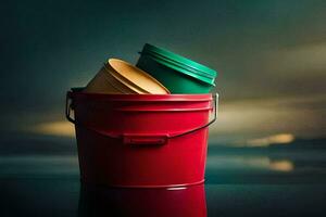 a red bucket with two green buckets on top. AI-Generated photo