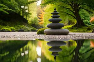 a stack of rocks sitting on the ground next to a pond. AI-Generated photo