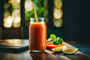 un vaso de jugo con un Paja en un de madera mesa. generado por ai foto