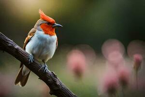 un rojo y blanco pájaro sentado en un rama. generado por ai foto