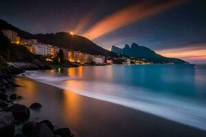 el playa a noche con montañas en el antecedentes. generado por ai foto