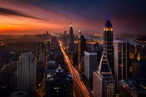 el ciudad horizonte a puesta de sol con tráfico luces. generado por ai foto