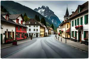 a street in the mountains with houses and mountains in the background. AI-Generated photo