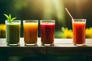 five different juices in glasses on a table. AI-Generated photo