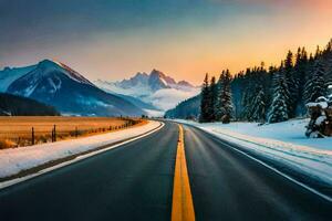 a road in the mountains with snow and trees. AI-Generated photo