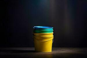 a stack of three colorful buckets on a dark background. AI-Generated photo