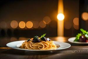 un plato de pasta con vegetales y un vela en el antecedentes. generado por ai foto