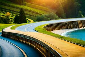 un largo la carretera con un puente terminado un río. generado por ai foto