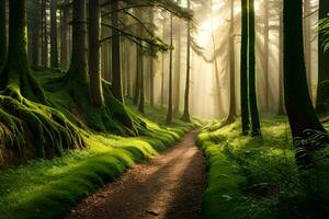 a path through a forest with trees and moss. AI-Generated photo