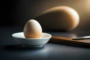 an egg in a bowl on a table with a knife. AI-Generated photo
