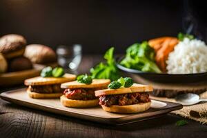 three sandwiches on a wooden tray with a bowl of rice. AI-Generated photo