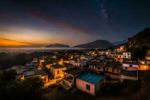 a village at dusk with the milky way in the background. AI-Generated photo