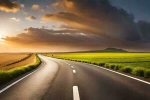 un largo vacío la carretera con un puesta de sol en el antecedentes. generado por ai foto