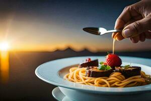 a person is holding a spoon over a plate of spaghetti. AI-Generated photo