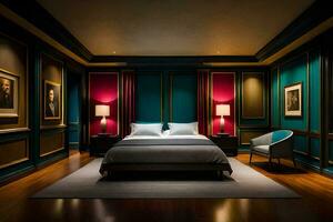 un dormitorio con azul paredes y un cama. generado por ai foto