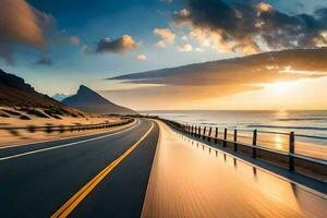 a long stretch of road with the sun setting behind it. AI-Generated photo