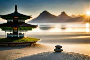 the sun rises over the mountains and a pagoda in the background. AI-Generated photo