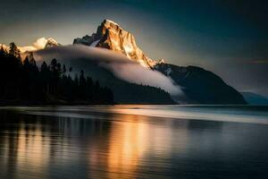 un montaña es reflejado en el agua a puesta de sol. generado por ai foto