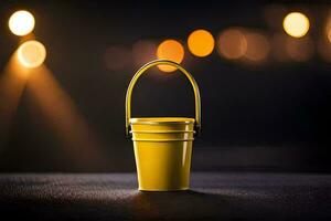 a yellow bucket sitting on a table in front of a blurry background. AI-Generated photo