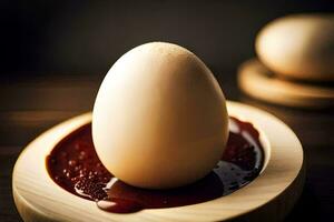 an egg sitting on a wooden plate with red sauce. AI-Generated photo