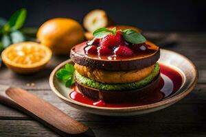 a stack of pancakes with berries and syrup. AI-Generated photo