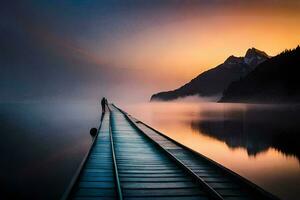 un hombre soportes en un muelle a puesta de sol. generado por ai foto