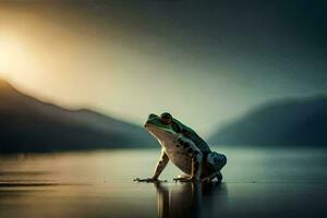 a frog sitting on the edge of a lake at sunset. AI-Generated photo