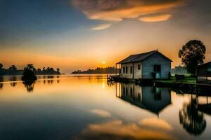 un pequeño casa se sienta en el borde de un lago a puesta de sol. generado por ai foto