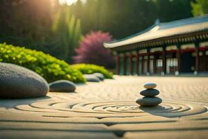 a zen garden with stones and a pagoda in the background. AI-Generated photo