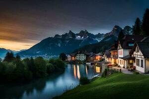 a town in the mountains at sunset. AI-Generated photo