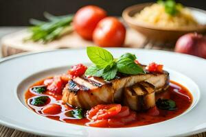 A la parrilla pescado con tomate salsa en un blanco lámina. generado por ai foto