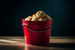 un rojo Cubeta lleno con galletas en un mesa. generado por ai foto