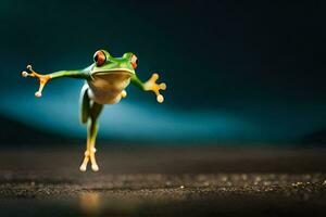 a frog jumping in the air with its legs spread. AI-Generated photo