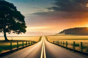 un largo la carretera con arboles y un puesta de sol en el antecedentes. generado por ai foto